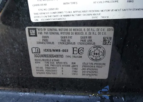 2014 Chevrolet K1500 1Lt/2Lt z USA, uszkodzony, nr VIN 3GCUKREC6EG408783